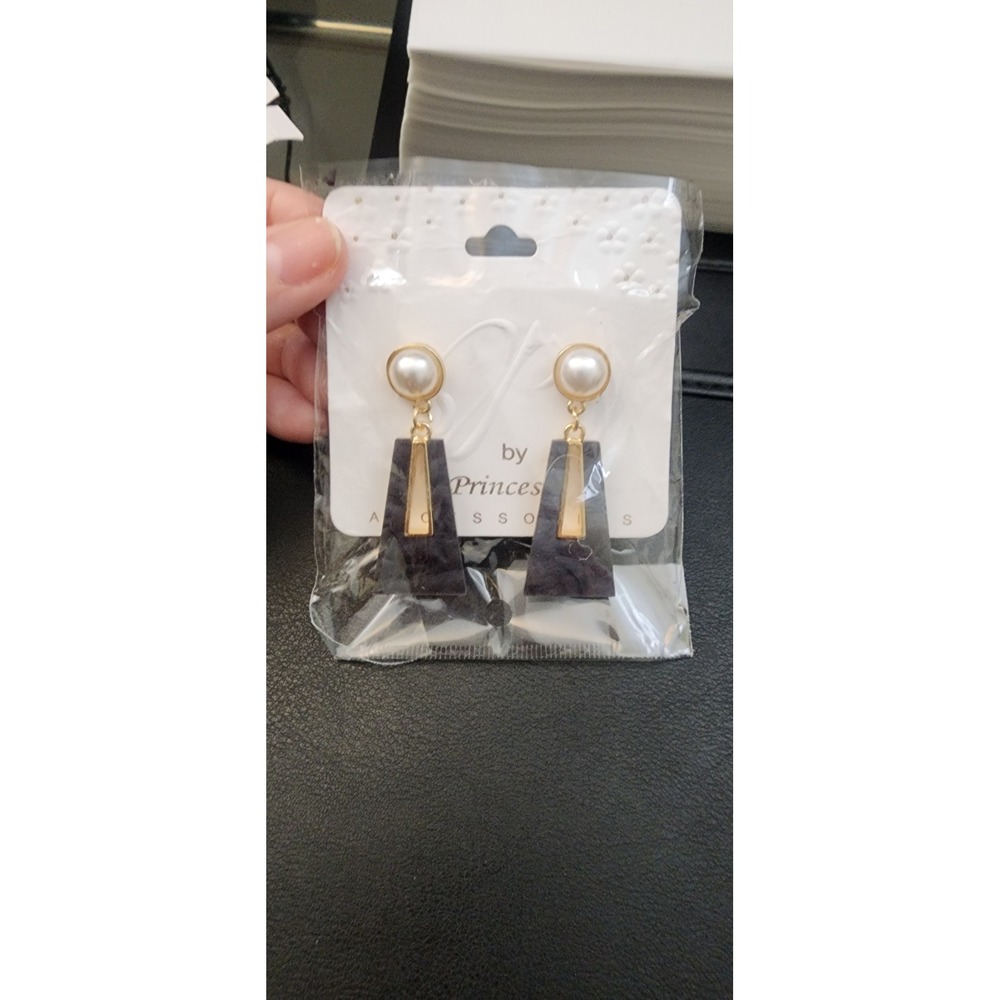 Princess Accessories Faux Pearl Grey Marbled Resin‎ Geometric Drop Earrings NEW